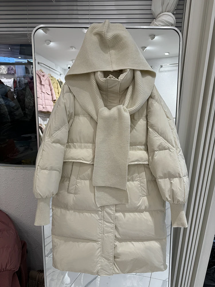 Chaqueta larga de invierno 2024 para mujer, abrigo acolchado cálido con cuello levantado holgado coreano y chal de punto, ropa cálida para mujer