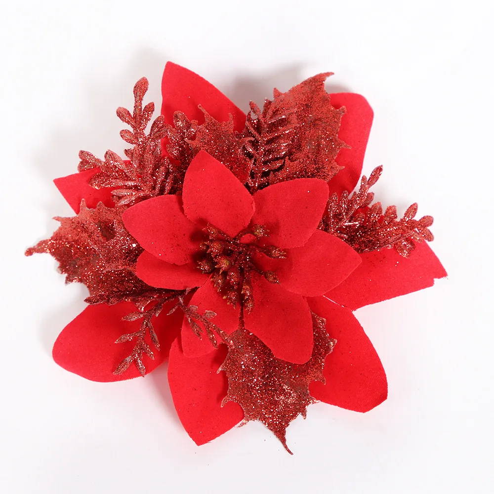 14cm Glitter Hollow Christmas Flower ，Christmas Decoration Pendant ，Double Layer Glitter Powder Christmas Simulation Flower