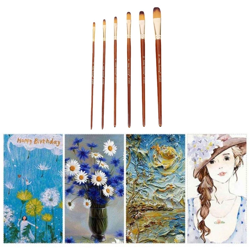 6 Pcs Premium Acryl Öl Pinsel Set Synthetische Nylon Tipps Pinsel 24BB