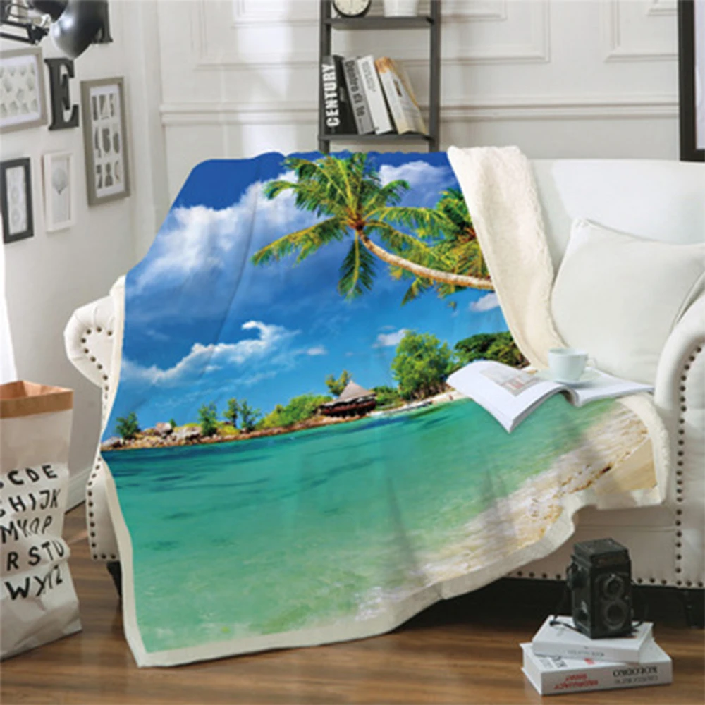 Beach Series Bed Blankets Thick Double-Layer Plush 3D Printed Blanket Throws for Bed Sofa Island Scenery Lightweight Travelling