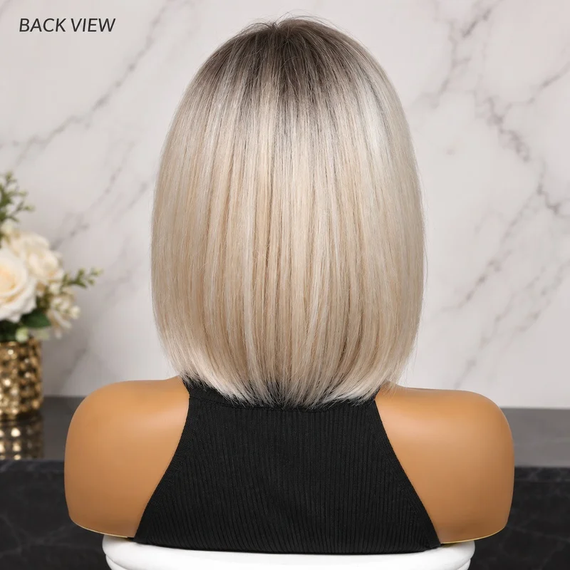 T-Part Lace Front Bob Wig for Women Ash Beige Blonde Dark Root Short Straight Hair Middle Part Shoulder Length Hand Tied