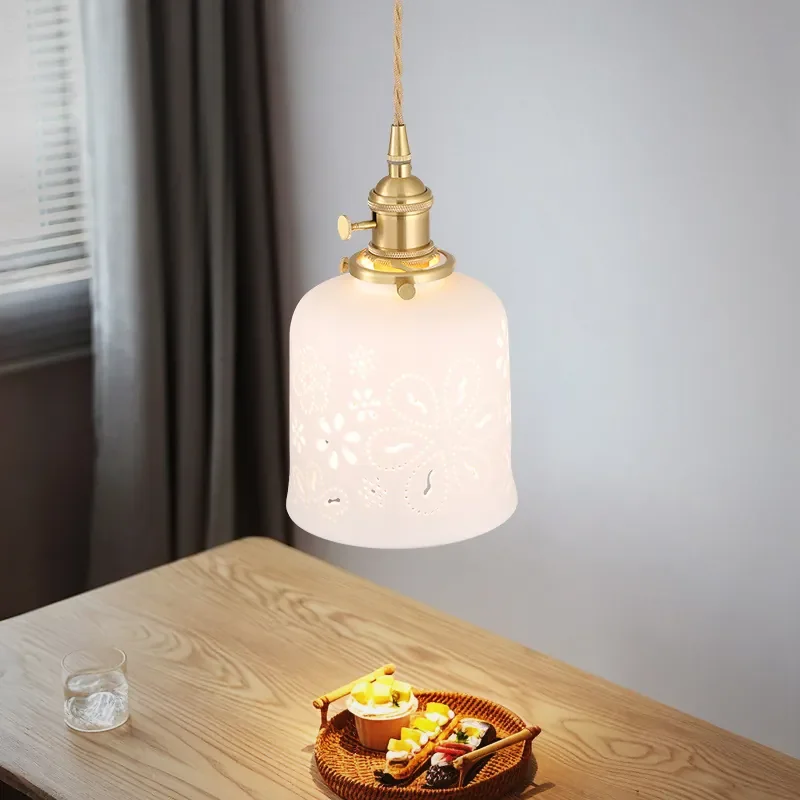 Japanese Glazed Printed Ceramic Pendant Ligths Openwork Carving Chandelier Bedroom Dining Room Restaurant Bar Hanging Lamps