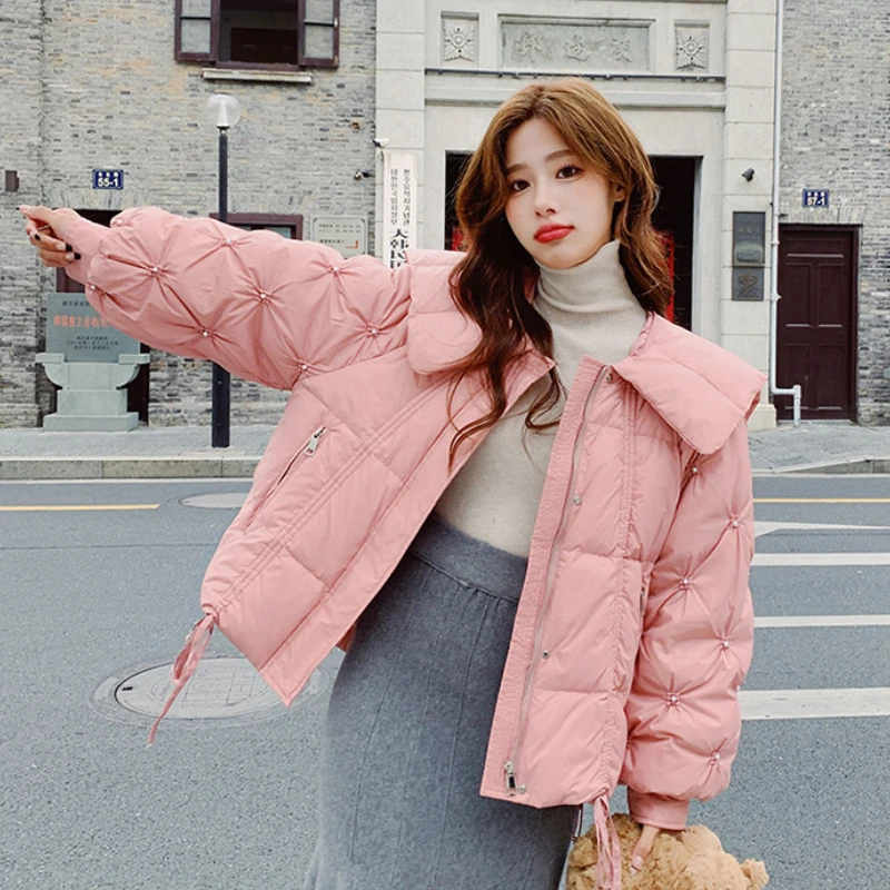 Short Down Jacket for Women, Korean Doll Collar, Elegant Pearl Outerwear, Thick Loose Warm Snow Jackets, Female Winter Coats