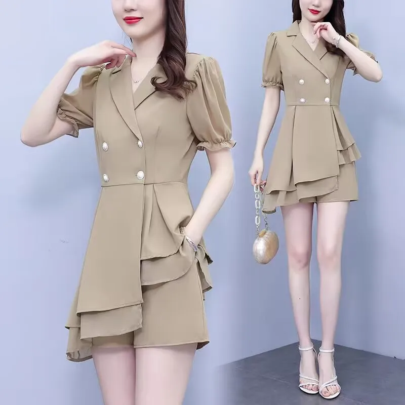 Real Photo Summer New OL Short Blazer Dress Outfits Bodycon Double Breasted Pleated Dress and Shorts Two-Piece Set Suits Female