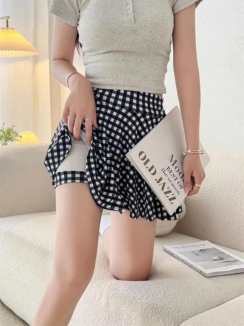 Fashion Women's Basic Skirt Summer Mini Elastic Pleated Skirt Lined Shorts Printing Plaid Korea Girl Uniform Safety Pants Skirt