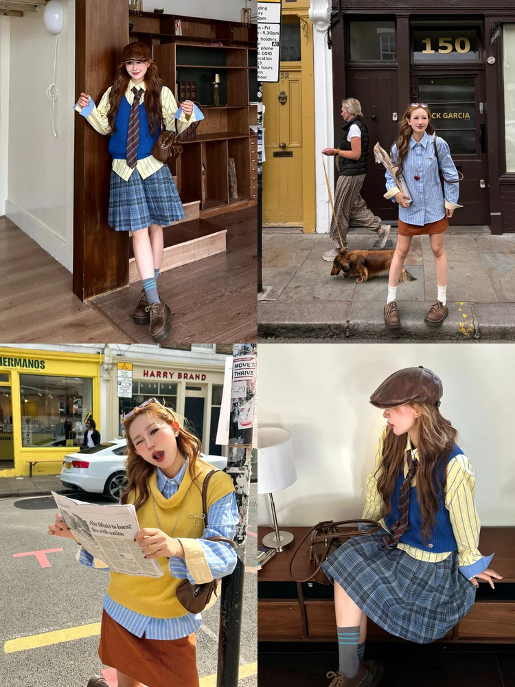 

Long Sve Striped irt Color Blo Collar Versatile Cotton Casual Women's Faion Lin iqi NIIDAILY Korean Retro Sle