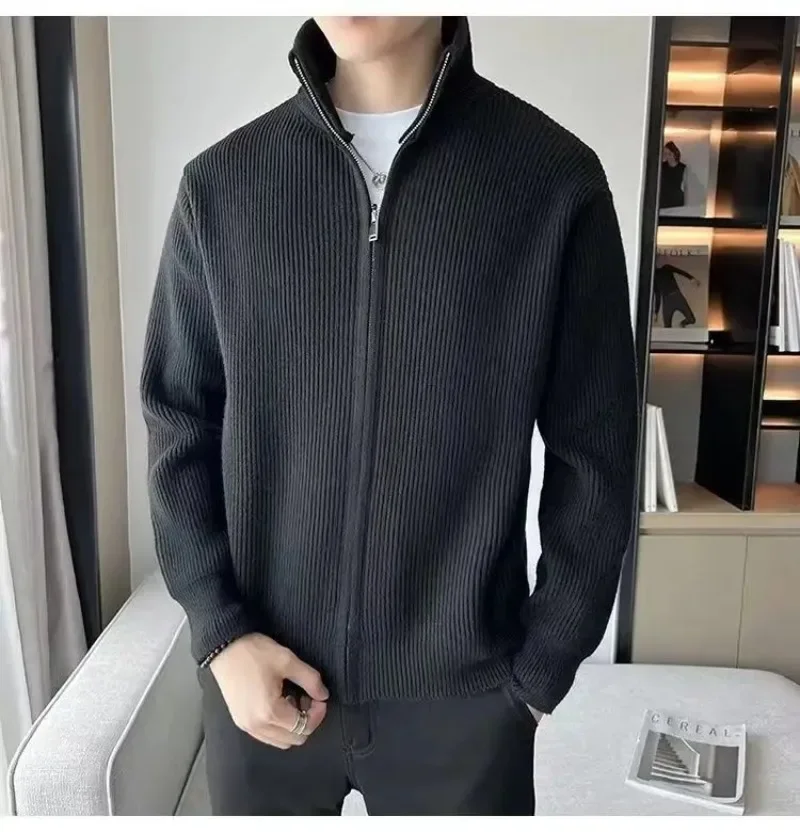 New Solid Knitted Sweater Men Stand Up Collar Korean Fashion Zipper Cardigan Sweaters Knitted Large Size Knitwear Jacket for Men