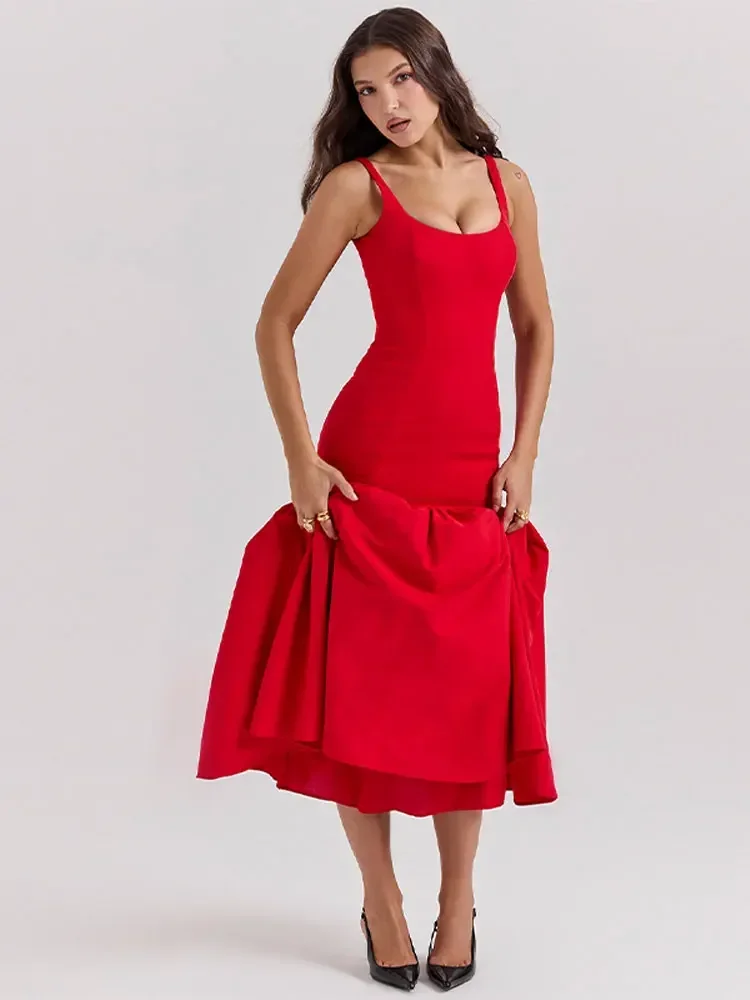 فستان نسائي أنيق مكشكش بحمالة ميدي وياقة مربعة بدون أكمام فساتين لربيع وصيف موضة جديدة فستان نسائي ضيق