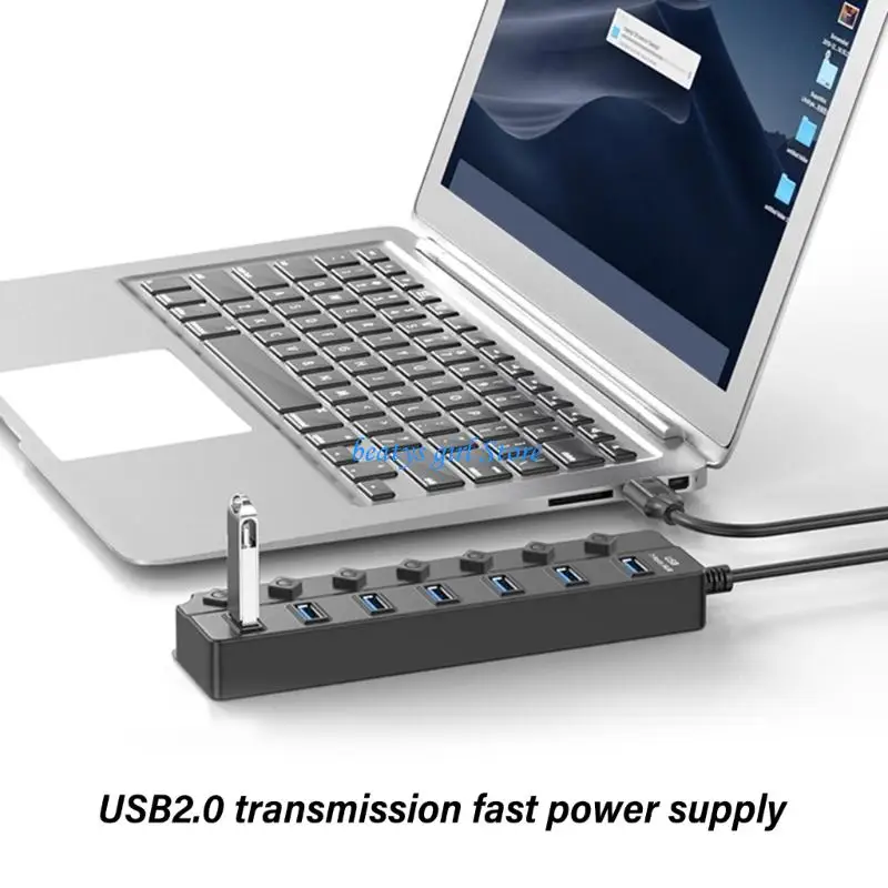 C7AB Speed 7/4 Port USB 2.0 Hub With Dedicated Switches Lights For Easy Expansion Easy to Use Multiports Adapter