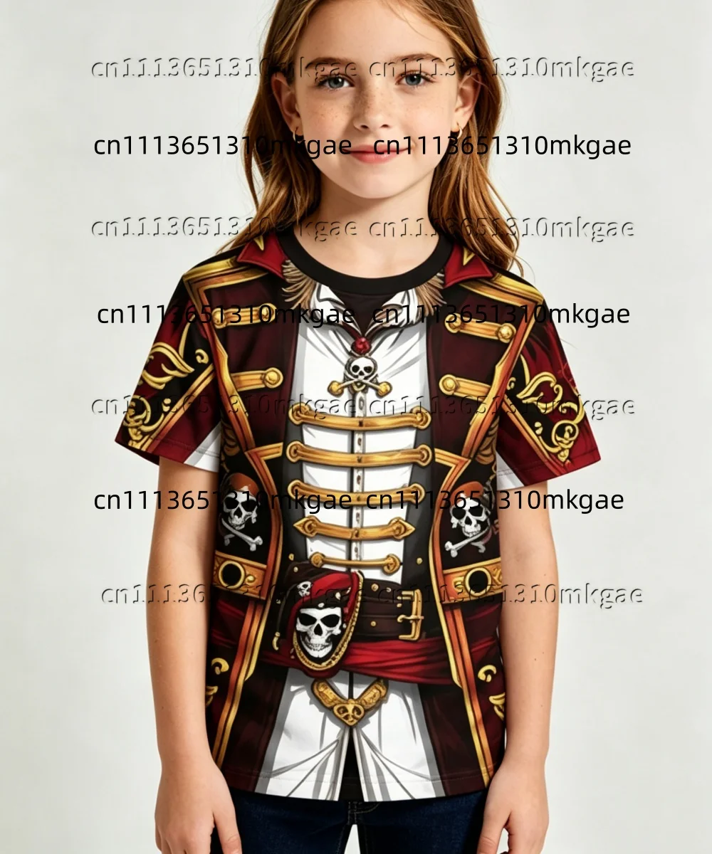 Children Pirate Costume Short Sleeve T Shirt 3D Captain Skull Print Fake Uniform Tee Boys Girls Halloween Fancy Dress Party Tops
