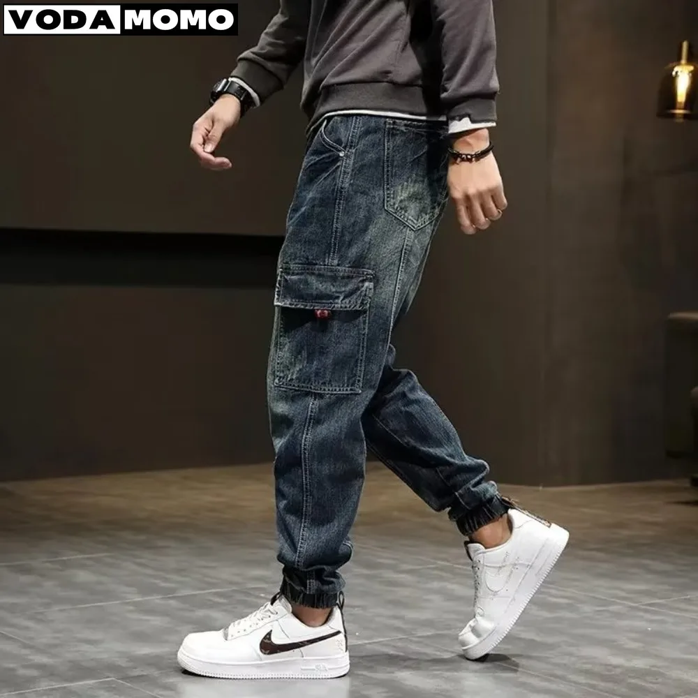 Men Pants Elastic Waistband Jeans Shrinkable Cuffs Casual Jeans Multi Pockets Hip Hop Denim Jogging Pants Streetwear