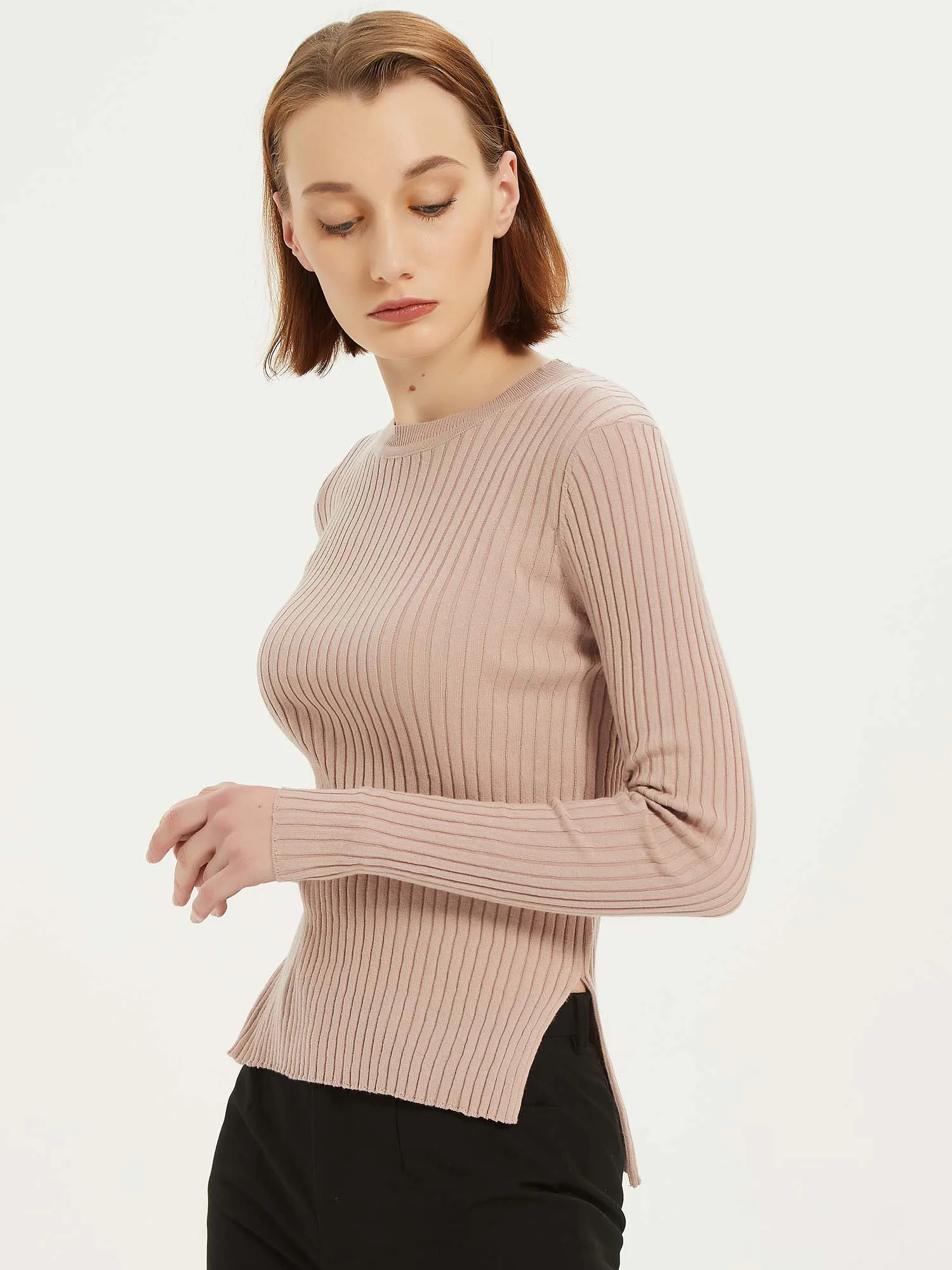 Slit Cotton Sweater Women Light Weight Crew Neck Ribbed Tops Pullover