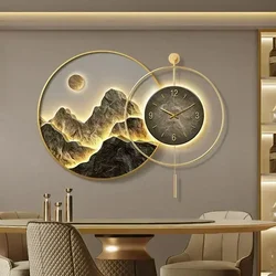 Decorative Painting With Clock Back Hanging Painting High-end Living Room Landscape Light Luxury Mural Clocks Wall Home Decor