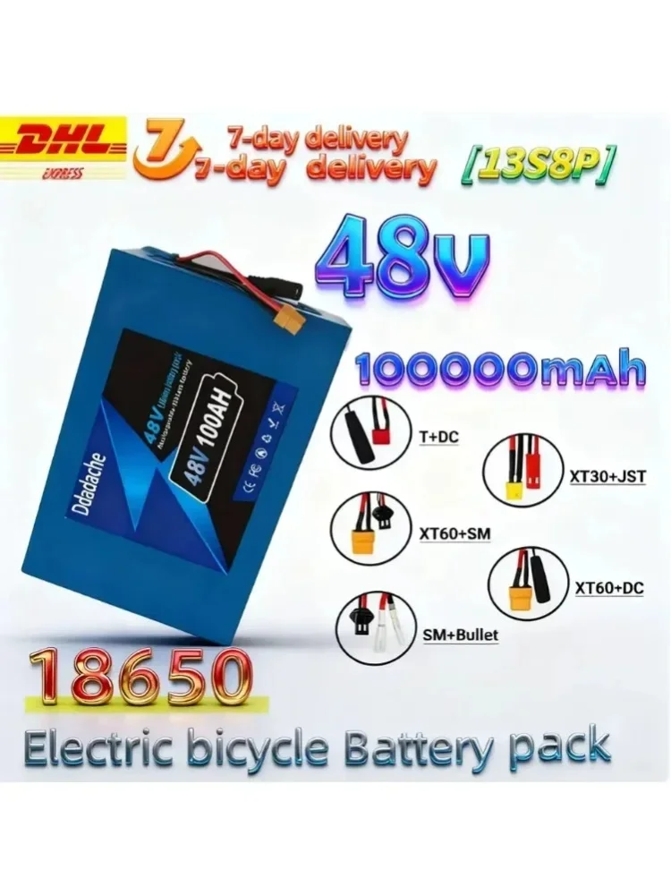 13S8P 48V 100Ah 18650 Lithium-Akkupack 10000mAh Große Kapazität Geeignet für 48V 250-1500W Eingebautes BMS+54,6V 2A Ladegerät