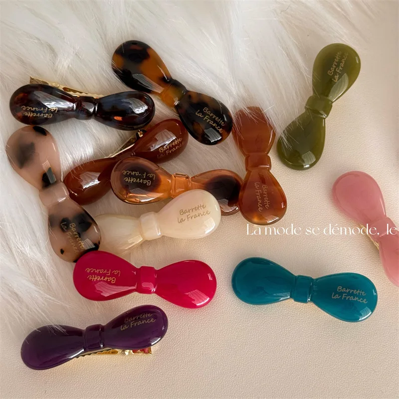 Koreański styl Acetate Gold Label Cute Solid Color Bow Duckbill Clip French Small Size Side Clip Hairpin Hair Accessories New