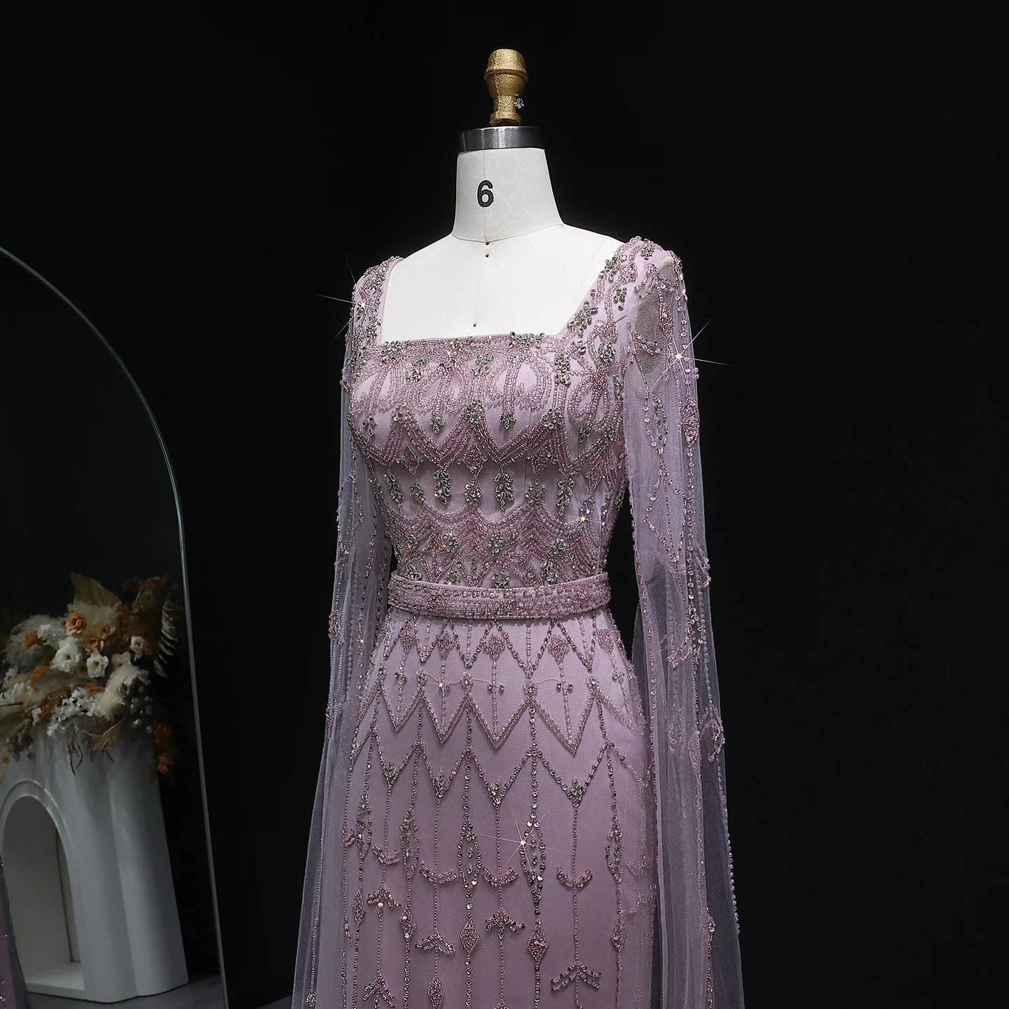 Sharon Said Luxuriöses Kristallrosa Quadratisches Abendkleid mit Cape-Ärmeln, Türkis, Arabische Damen Hochzeitsfeierkleider SS089, Anpassbar – Detail 16