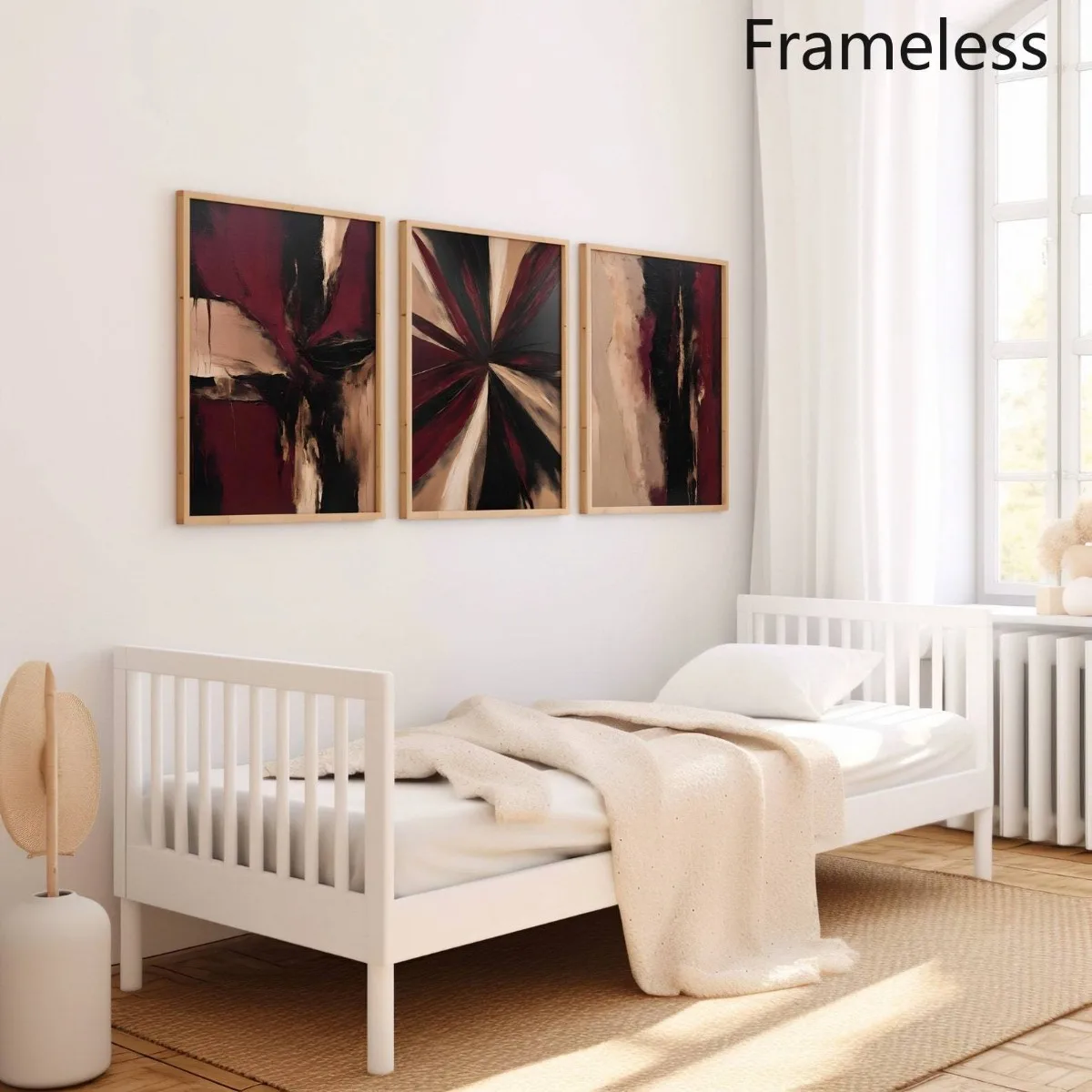 2D Flat, 3pcs Modern Abstract Vertical Wall Art Prints - Black Burgundy Frameless Canvas Poster Paintings Suitable for Living