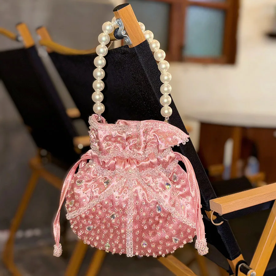 Beads Beading Tassel Handmade Satin Bucket Bag Transparent Beads Beaded Women's Handbag Lady Purse Female Shoulder Underarm Bag