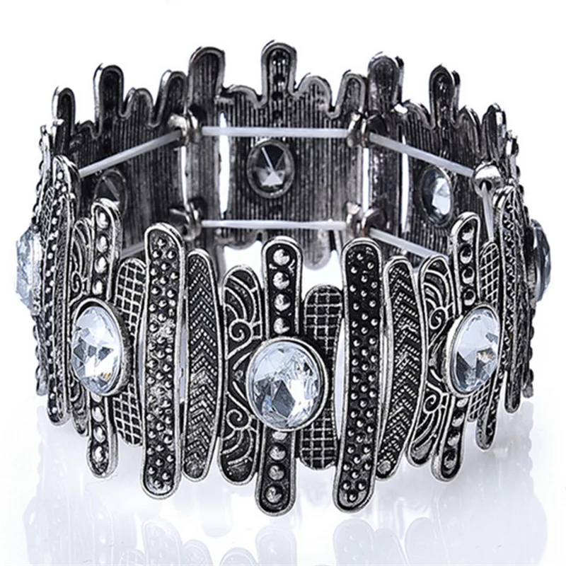 Punk Vintage Bracelet For Women Ancient Silver color Bohemia Concave Metal Rhinestones Crystal Bracelets & Bangles Jewelry Gifts