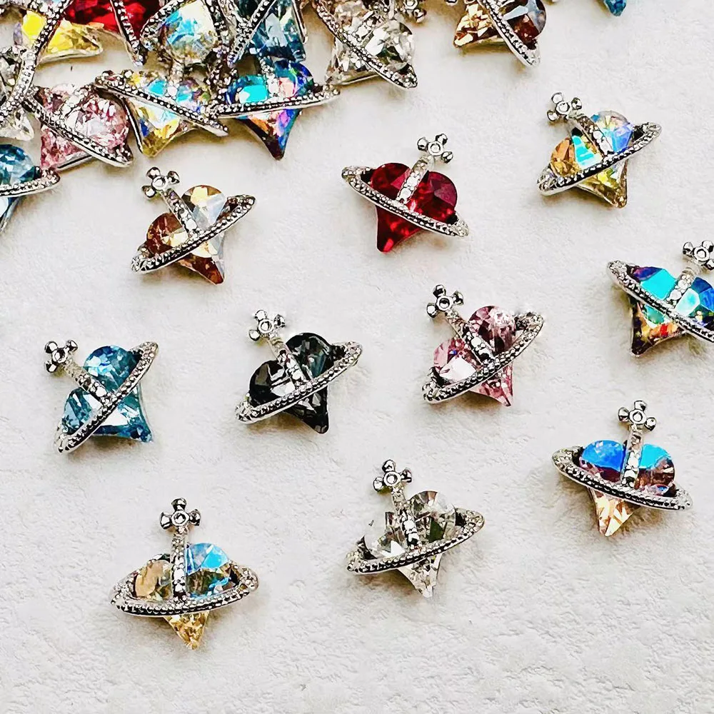 

10Pcs 3D Alloy Crooked Heart Saturn Planet Nail Art Charms Gold/Silver Accessories Large Crystal Cross 13/18mm Shiny Nail Parts