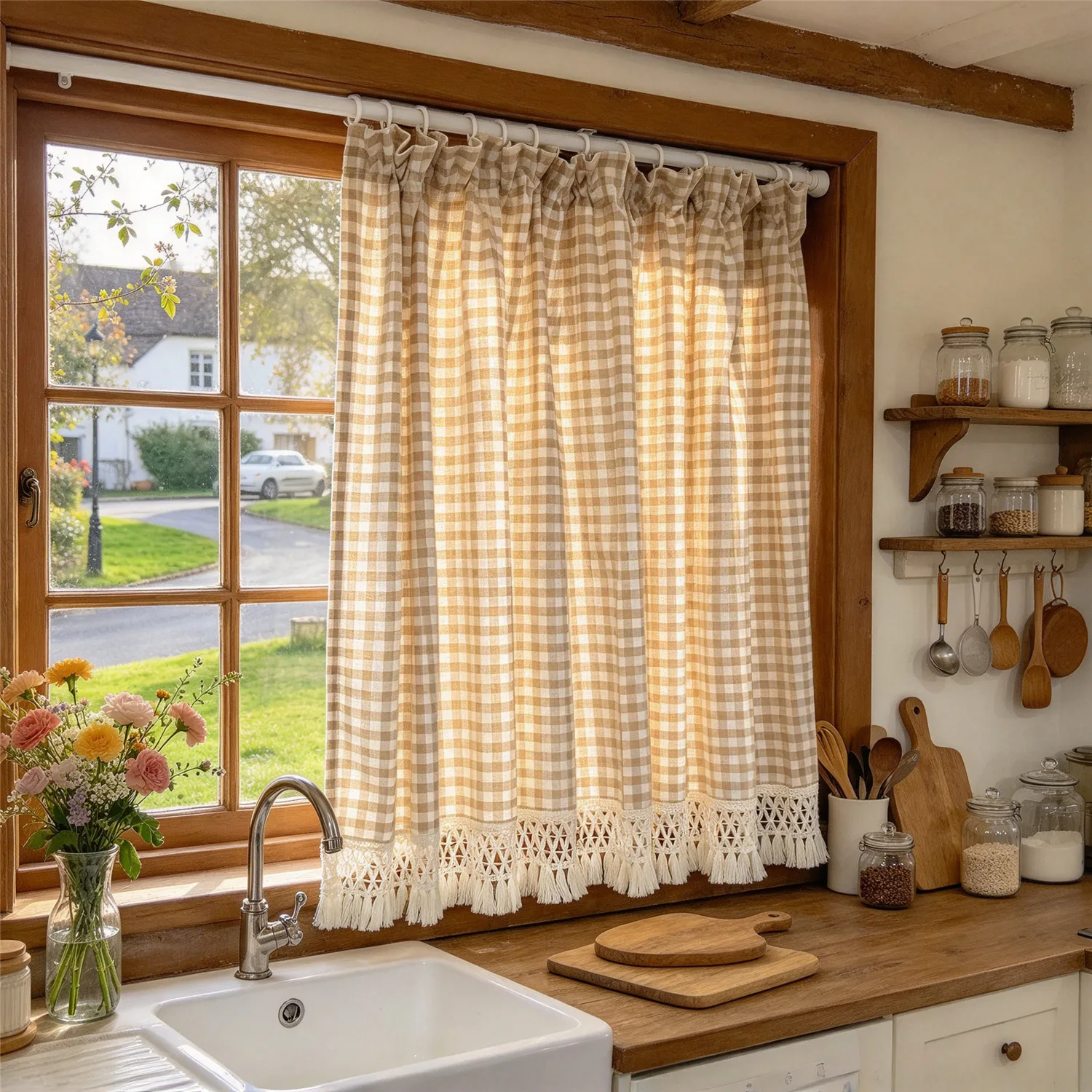 Gingham Cabinet Curtain with Tassel, Pull Pleated Tape Semi Sheer Short Window Curtain, Farmhouse Lace Trim Valance for Kitchen