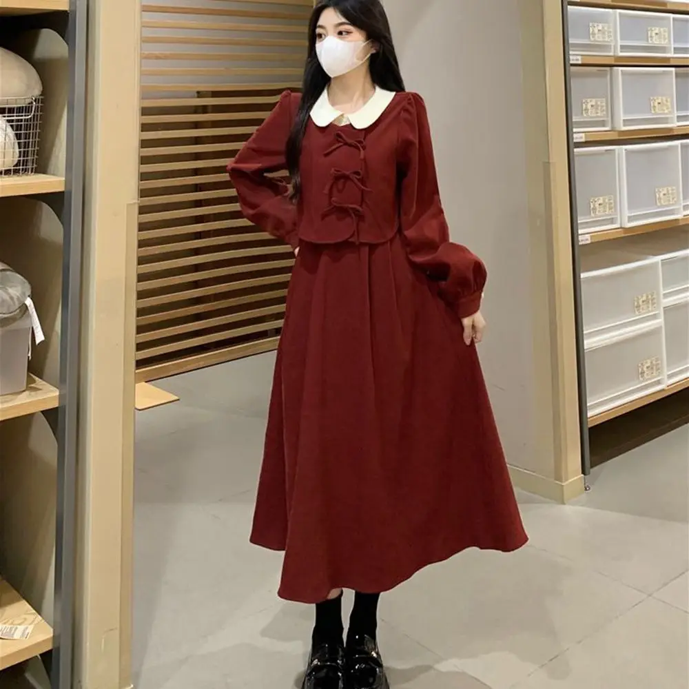 Plus Size 6XL 150kg Autumn Winter Women Long Dress Peter Pan Collar Oversized Loose Dress High Waist Women Maxi Dress