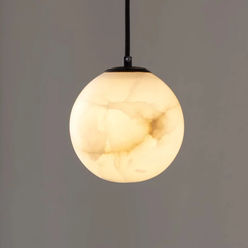Luxury Natural Alabaster Sphere Pendant Lamp Black Copper Globe Hanging Light Wabi Sabi Minimalist Bedside Pendant Light G9 Bulb
