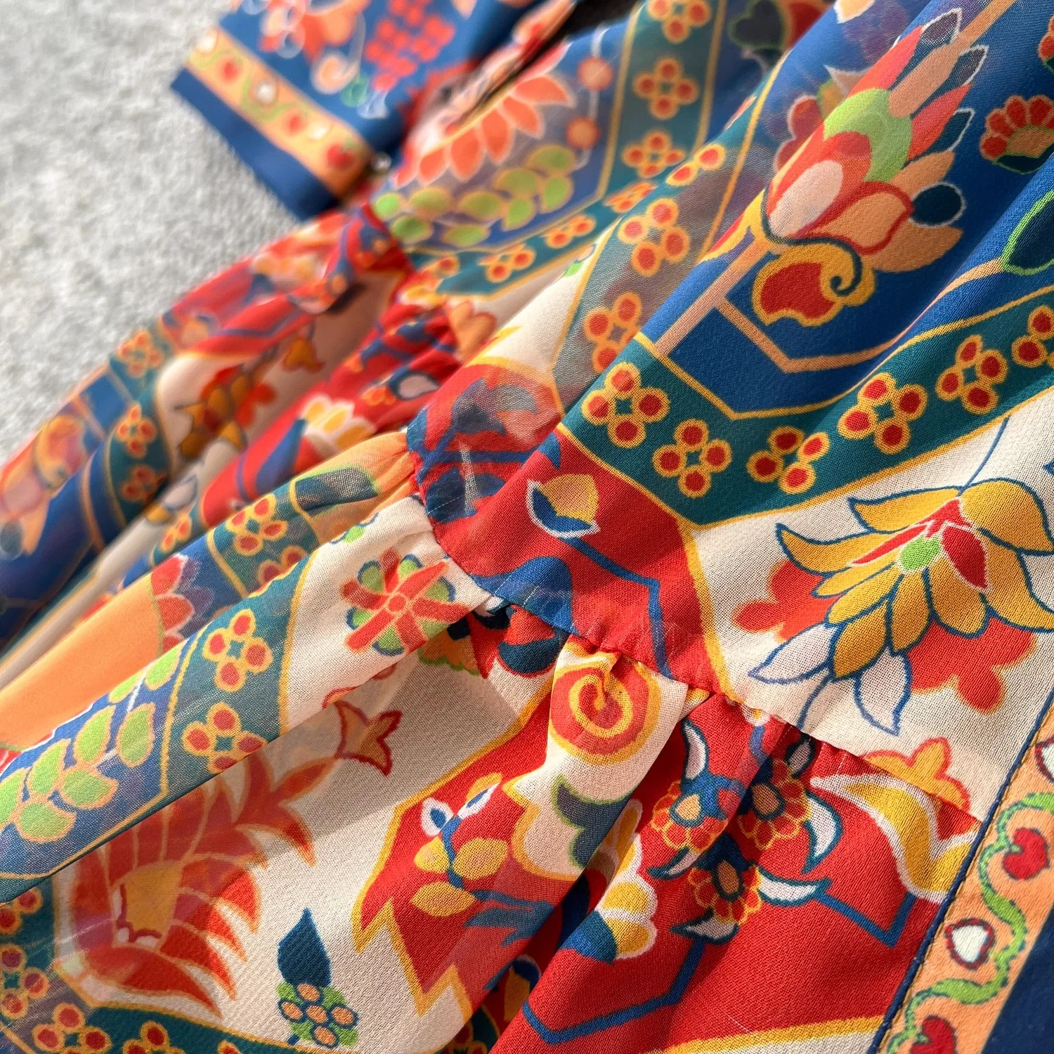 Fashion Bohemain Flower Maxi Dress Women's Stand Collar Long Lantern Sleeve Single Breasted Floral Print Belt Boho Robe Vestido