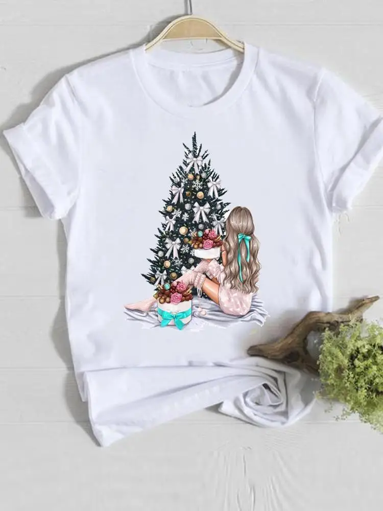 Christmas Happy New Year Female Women Clothes Prints Watercolor Prints Ing O-neck Lady Casual Fashion Shirt Tee Graphic T-shirt