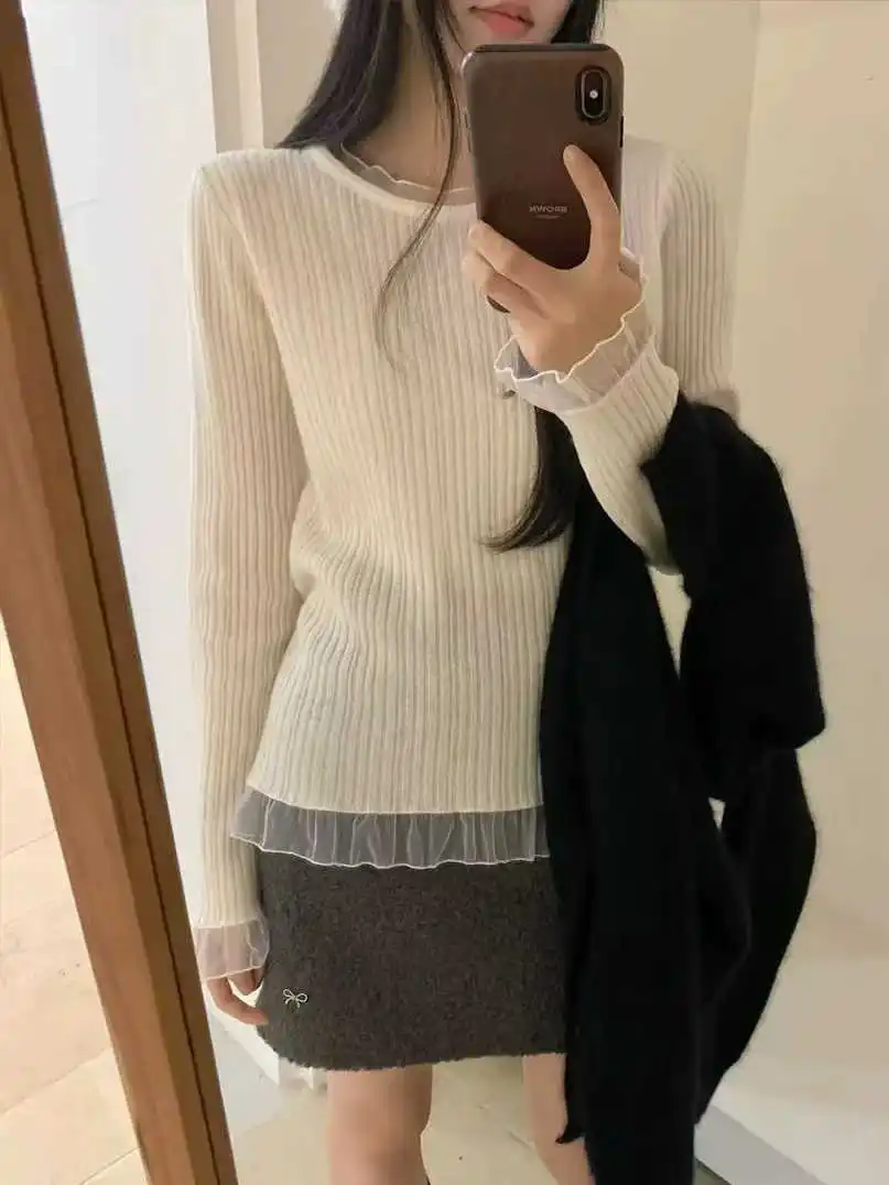 Sweaters New Long Sleeve Knitted Sweater Women Pullovers Slim O-Neck Lace Knit Sweater Pullover Women Tops Sueter Feminino Q2132