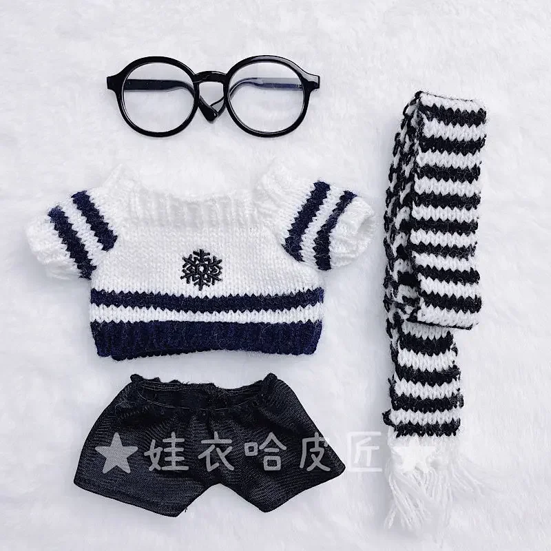 20cm baby clothes in stock, black and white striped scarves, sweaters, black glasses, cotton dolls, no attributes set