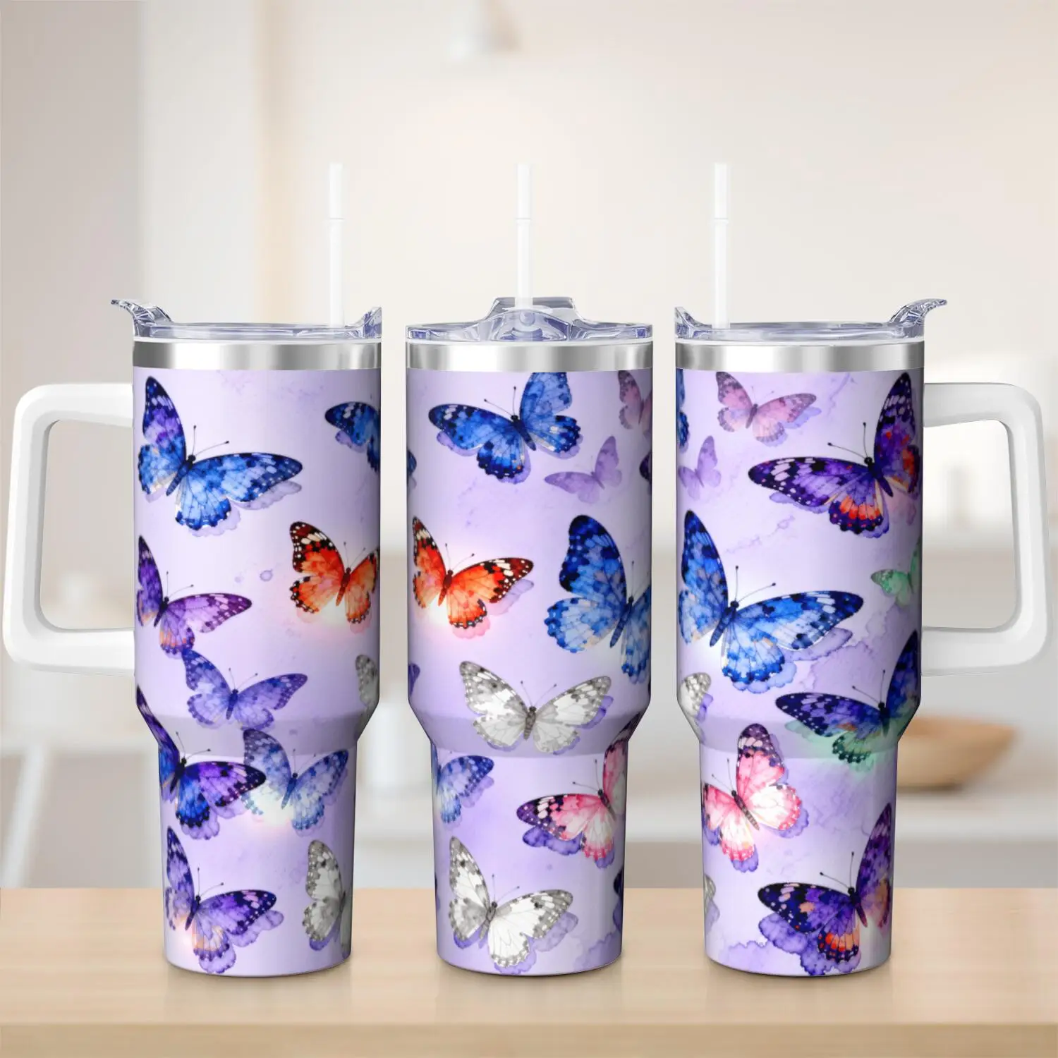 1ps Butterfly Handle Cup Set with Straw, Maximum Capacity 40oz, Inner Layer 304 Stainless Steel, Outer Layer 201 Stainless Steel, Seamless Inner Liner, Lid Made of PC Material, Suitable for Home, Office, Outdoor, Sports, and Car Use