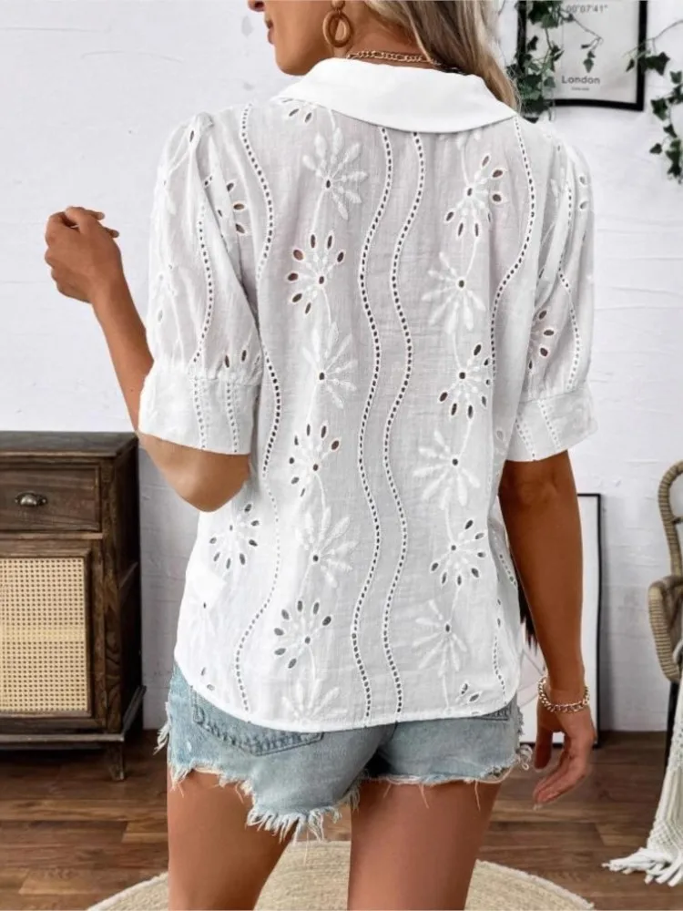 Camiseta blanca de verano para mujer, nueva moda, cuello en V, manga corta, botón, camisa informal elegante, Tops y blusas para mujer, ropa para mujer