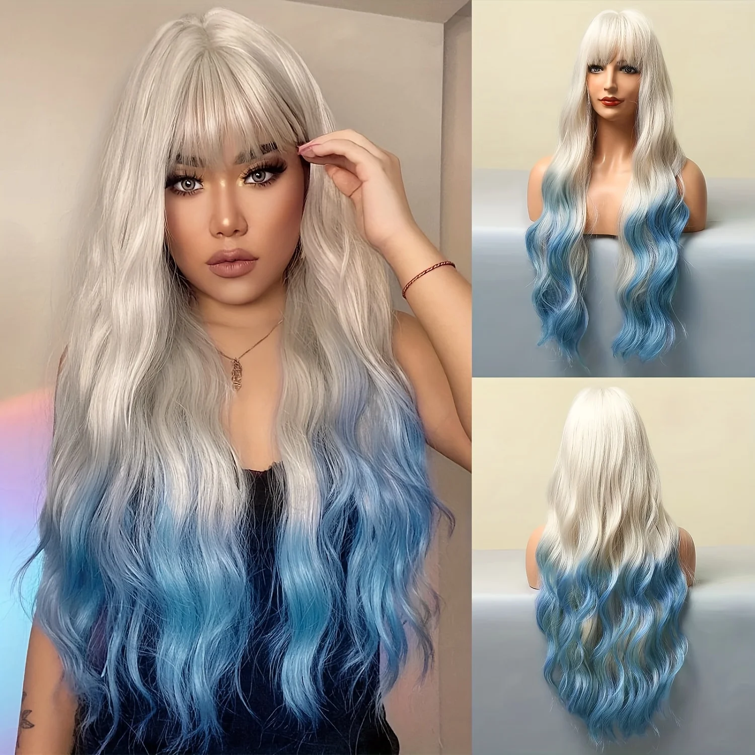 Synthetic Ombre Blue Wig with Bangs Long Ombre Blue Wigs for White Women Long Wavy Wig Heat Resistant Wigs