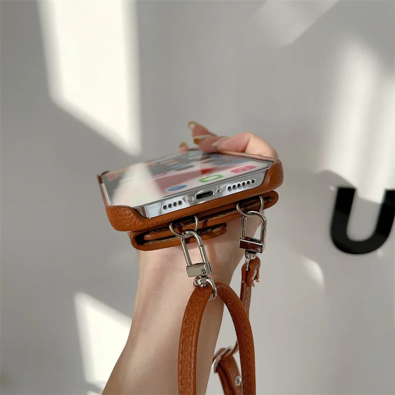 Trendy Crossbody lanyard leather wallet case for iPhone 16 17 15 16Pro 14 15pro 11 13 Pro Max 12 13pro makeup mirror phone bag
