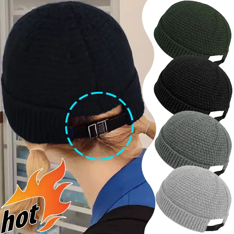 

Winter Warm Curled Knitted Hat Thermal Wool Hat Autumn Adjustable Elastic Buckle Knit Cap Simple Acrylic Beanies Unisex Skullies