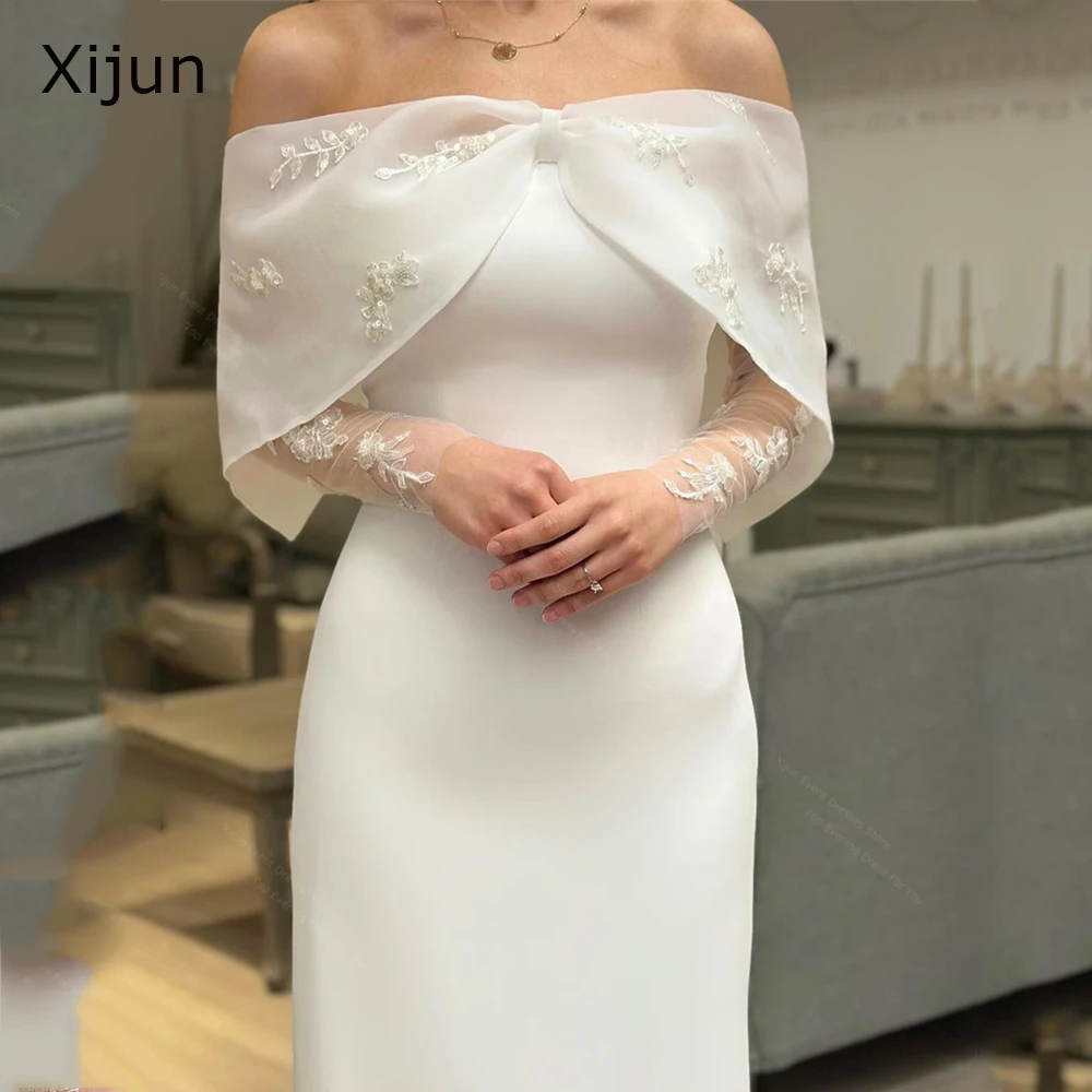 Xijun Elegant White Sheath Evening Party Dresses Wedding Guest Bride Gowns Off Shoulder Applique Arabic Women Formal Occasion