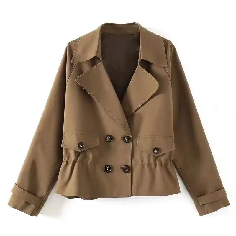 

Новый весенний тренч цвета хаки с длинными рукавами, женское двубортное пальто с эластичной талией, повседневная короткая куртка для офиса, верхняя одежда для деловых женщин