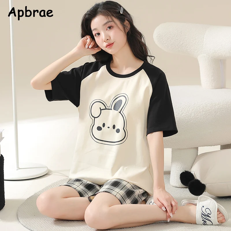 Summer Plaid Shorts Pajama Sets M-5XL Plus Size Cute Rabbit Pint Cotton Pajama Causal Sleepwear Women Pajama O-neck Home Wear