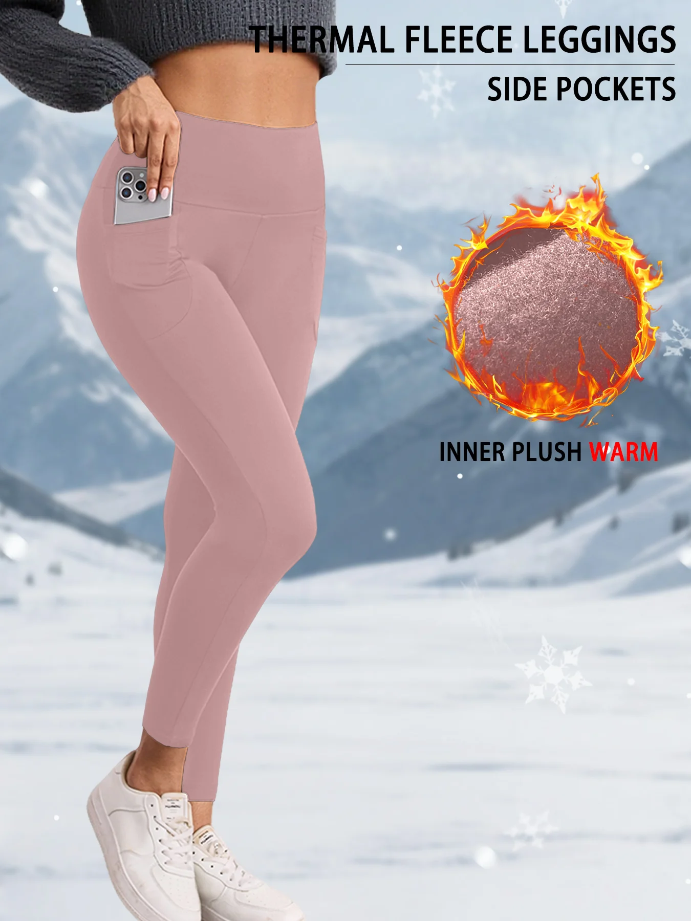 سراويل ضيقة حرارية سميكة للنساء مع جيوب - سراويل شتوية دافئة مبطنة بالصوف عالية الخصر للتحكم في البطن