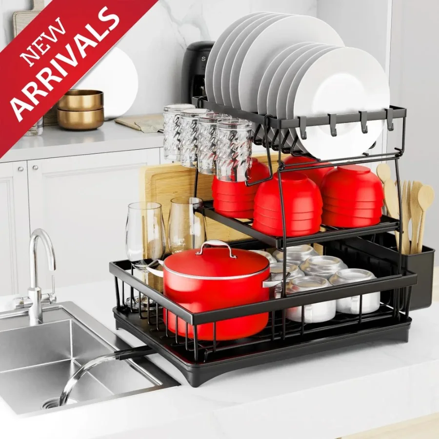 

3Tier Dish Drying Rack with Automatic Drainage Over Sink Stainless Steel Organizer for Kitchen Counter RustProof 2Tray DesignOr