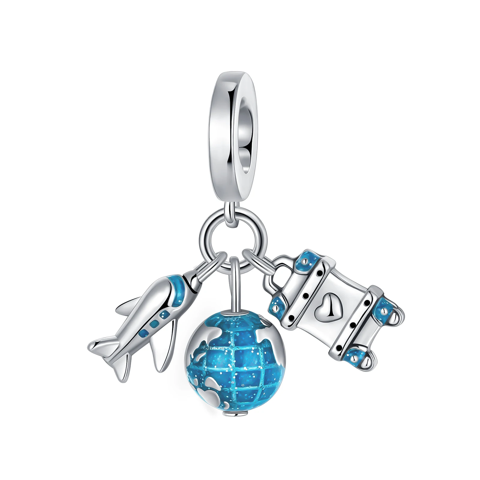 925 Sterling Silver Aircraft Earth Luggage Love Blue Pendant Charm Fit Original Pandora Charms Bracelets Women DIY Jewelry Gift