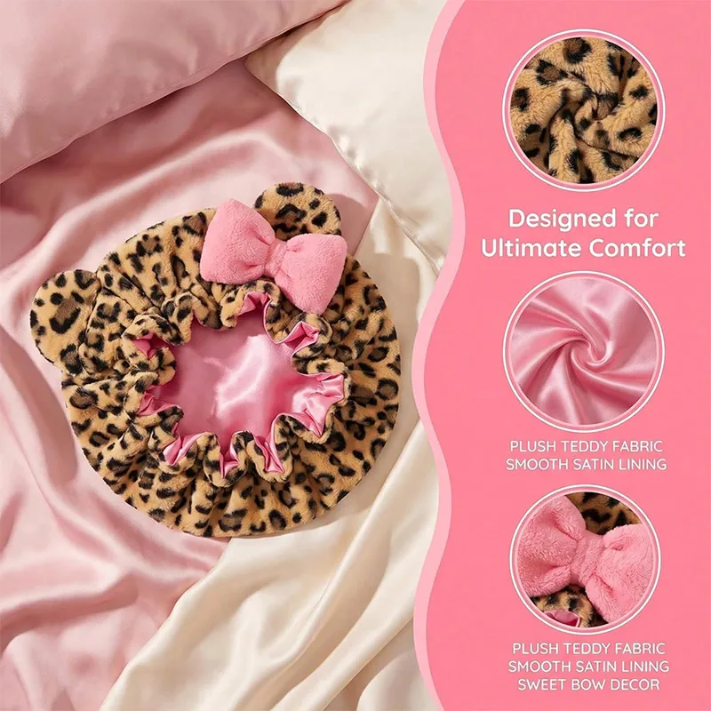 Leopard Print Plush Sleep Cap With Bow Adjustable Soft Fluffy Quick Dry Night Cap Prevent Hair Tangling For Hair Care Accessory