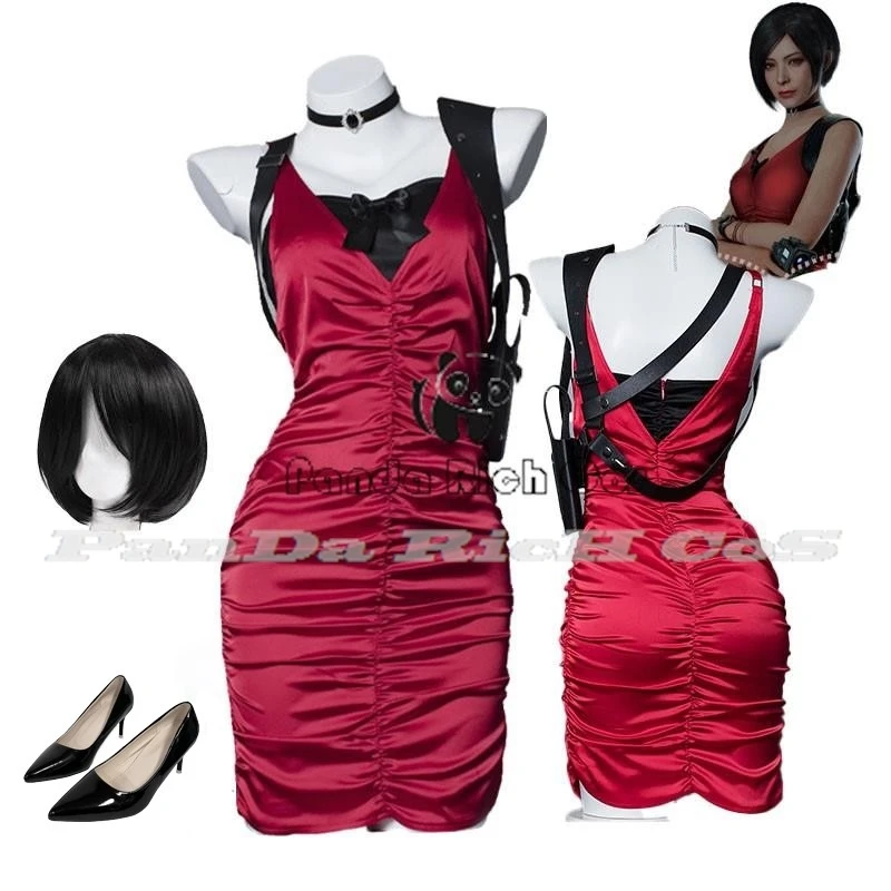 Costume Cosplay Cheongsam pour Femme et Fille, Robe Rouge Ada, Perruque Ada, Chaussures, Halloween, Carnaval, Déguisement Imbibé, Résident 4, Evil