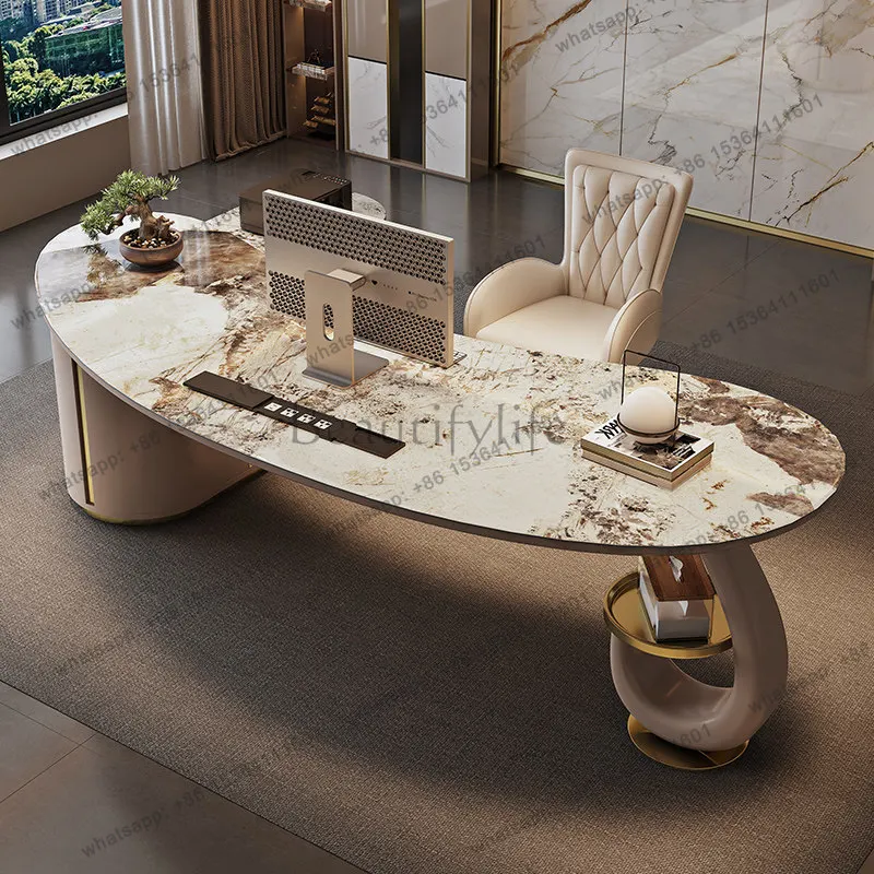 PG Luxury Large Curved Sintered Stone Executive Desk Designer Irregular Boss Office Writing Table for Luxury Study & CEO Office