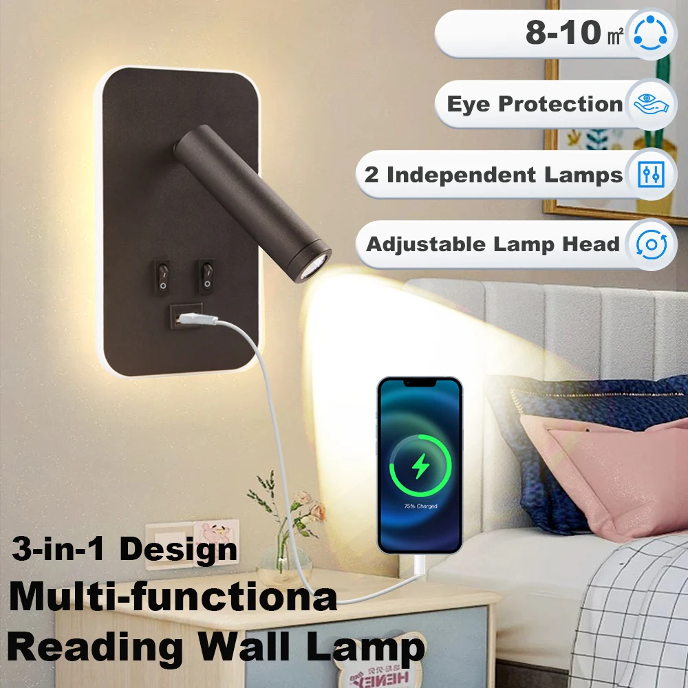 Bedside Wall Lamp LED with USB Charging Port Bedroom Night Lights Reading Lamp Rotatable Lamp Home Spotlights Led Indoor Decor