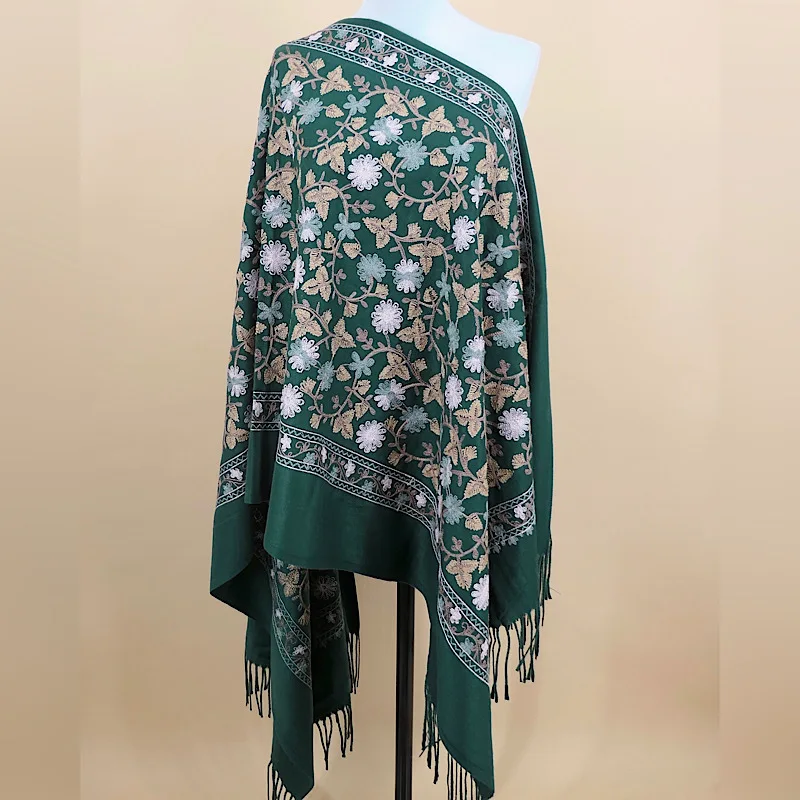 Poncho Cloak Ginkgo Leaf Sting Embroidery Imitation Cashmere Scarf Women's Ethnic Style Shawl Warm Cloak Tourism Wine Green