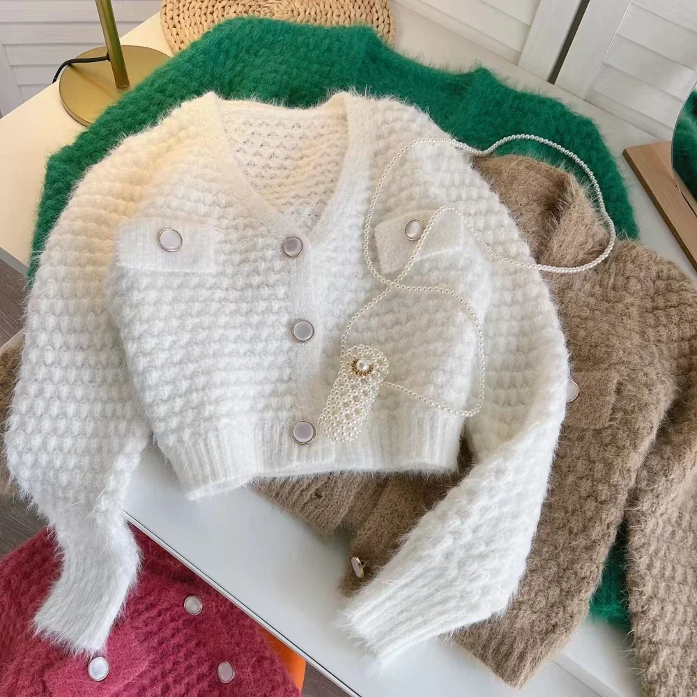 

Sueter Mujer White Cardigan Jackets 2023 Women Clothes Long Sleeve V-neck Pull Femme Casual Fashion Knitted Cropped Sweater Tops