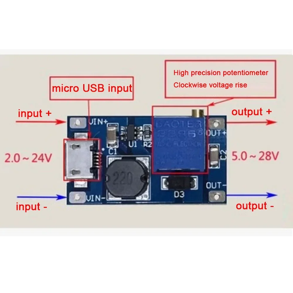 5Pcs DC-DC Step Up Converter Module DC 2V-24V To 5V 12V 28V MT3608 Adjustable Booster Power Supply Module Voltage Regulator 2A