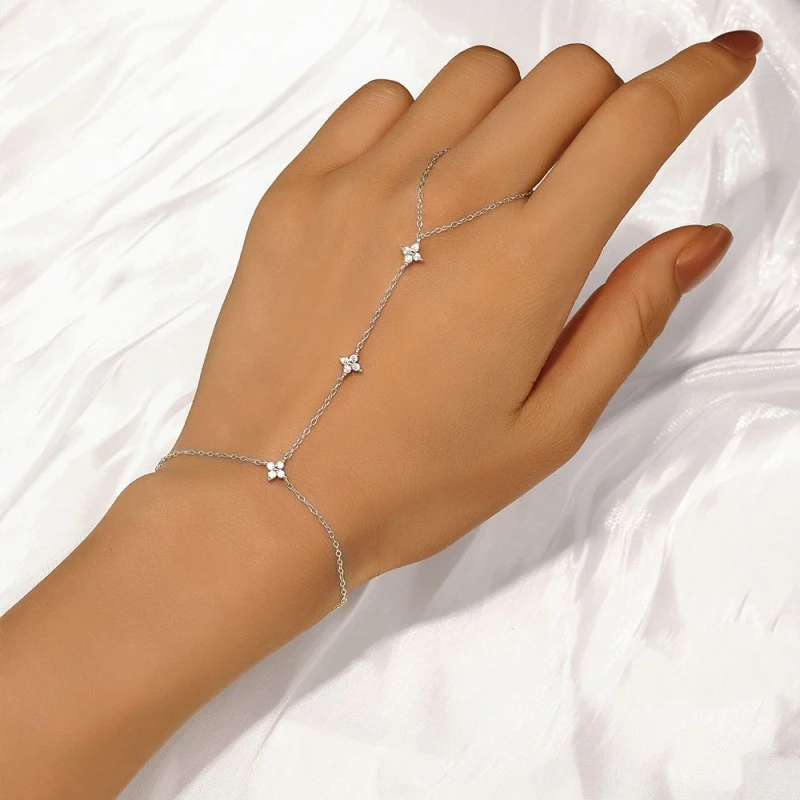 Lnkry 2.5mm Certified Moissanite Ring Bracelet 14k Gold Filled Four Leaf Flower Bracelet With Ring Hand Chain Stackable Jewelry view 2